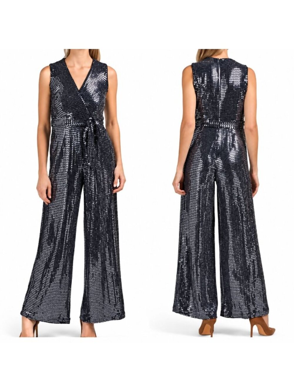 Donna Ricco Navy Gray Sequin Wide Leg Jumpsuit 12 Sleeveless Shimmer Party